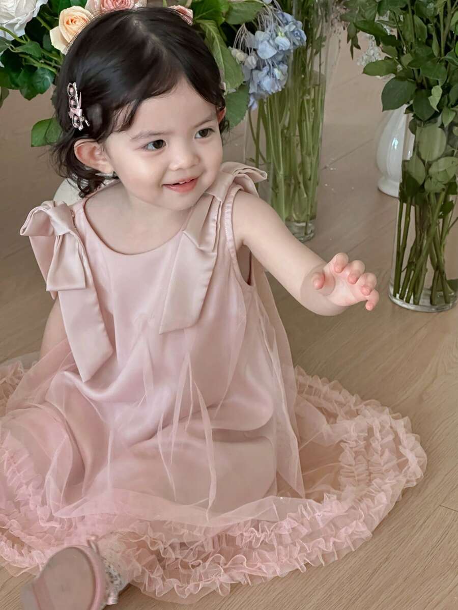DAZY Baby Girl Bowknot Bandage Mesh Summer Elegant Sleeveless Dress - Dusty Pink - View 1
