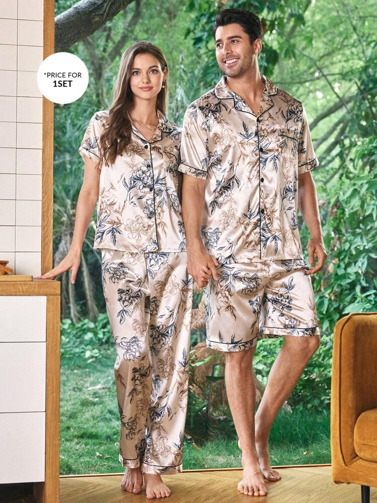 Men's Floral Faux Silk Short Sleeve Shorts Pajama Set Pajama Sets For Couples - Apricot - View 6
