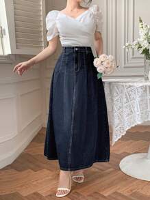 DAZY 女士休闲深色牛仔裙，春夏牛仔裙 - 藍色 - 查看 2