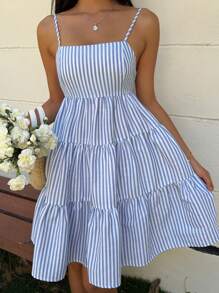 MainGRL 女士蓝色条纹梭织吊带背心连衣裙 - 淺色水洗藍 - 查看 3