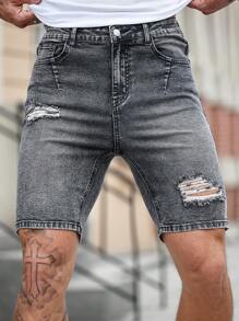 Manfinity Homme Men's Dark Grey Washed Distressed Stretch Skinny Denim Shorts - Dark Grey - View 1