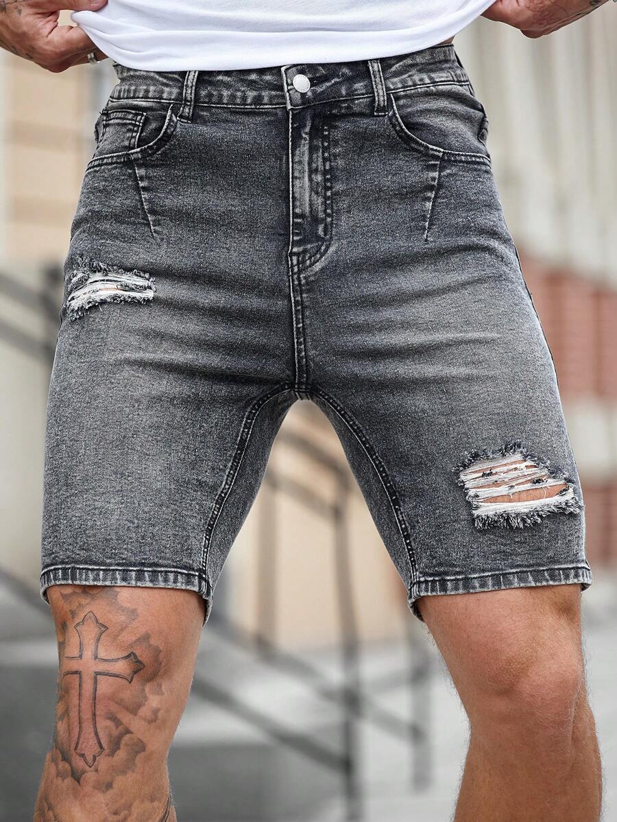 Manfinity Homme Men's Dark Grey Washed Distressed Stretch Skinny Denim Shorts - Dark Grey - View 1