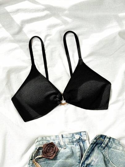 Swim Basics Springbreak Women Plain Textured Fabric Spaghetti Strap Resin Circle Front Beach Casual Bikini Swimwear Top For Summer Beach Vacation