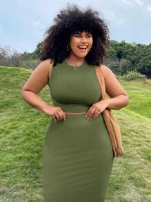 SHEIN EZwear Set de 2 piezas de chaleco de punto y minifalda en verde militar para mujeres