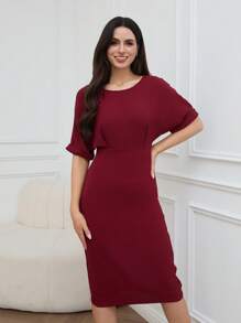 EMERY ROSE Women's Solid Color Batwing Short Sleeve Mid-Length Casual Dress - Burgundy - View 4