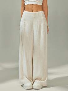 SHEIN PETITE Quần ống rộng vải lanh cạp cao thoải mái cho nữ, thích hợp mặc đi làm, đi làm, đi chơi, đi nghỉ, màu mơ - Màu be - Xem 5