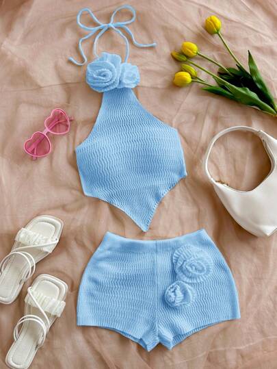 Soleia 2件套性感手工3D花卉露背度假背心和超短裤套装