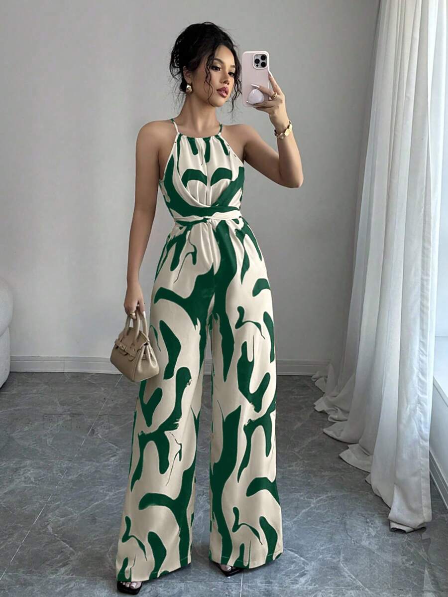 SHEIN Tall Women's Print Cinched Waist Elegant Jumpsuit Sleeveless Vacation Casual Romper - Green - View 1