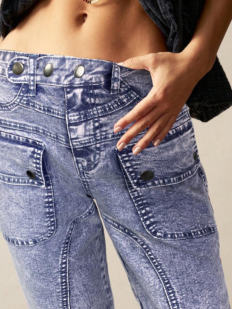 Bohemela Quần dài bó sát nữ cạp thấp dệt trơn Leisure Solid Patch Pocket Skinny - Màu xanh lam - Xem 1