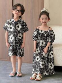 SHEIN 2pcs Boy's Allover Print Woven Shirt With Open Chest Design + Loose Shorts Set