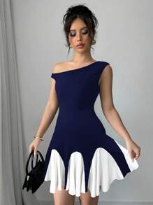 Firerie Váy ren bất đối xứng thanh lịch cho nữ màu tương phản, thích hợp cho ngày lễ tình nhân - Màu xanh hải quân - Xem 4