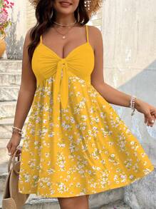 SHEIN VCAY 大码女式碎花前结吊带无袖宽松沙滩裙 - 黃色 - 查看 3