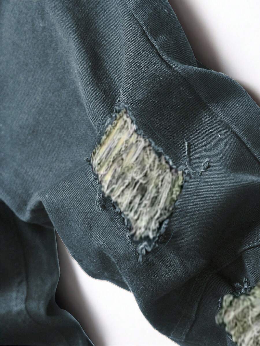 Manfinity Homme 大码男士口袋破洞紧身休闲牛仔裤，百搭 - 深色水洗藍 - 查看 1