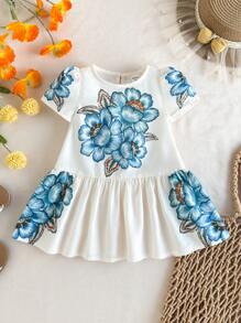SHEIN Vestido de manga corta con patrón floral de color albaricoque adorable para bebé niña en verano - Multicolor - Ver 2