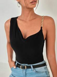 EURMUSE 鏈條細節不對稱領上衣 - 黑色 - 查看 1