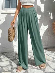 Women's Solid Color Asymmetric Waistband Pleated Loose Wide Leg Casual Pants - Mint Green - View 5
