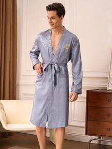 Manfinity Underwear&Sleepwear Basics Men Letter & Leopard Print Jacquard Long Sleeve Robe - Baby Blue - View 7