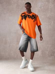 SUMWON 街头涂鸦 T 恤都市风格徽标印花短袖棉混纺休闲运动夏季滑板节上衣棉质平纹针织舒适版型 - 橘色 - 查看 5