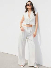 Aveloria Modichic 白色短款宽肩垫无袖翻领口袋不对称下摆西装马甲+宽松及地西装裤优雅简约商务休闲女两件套