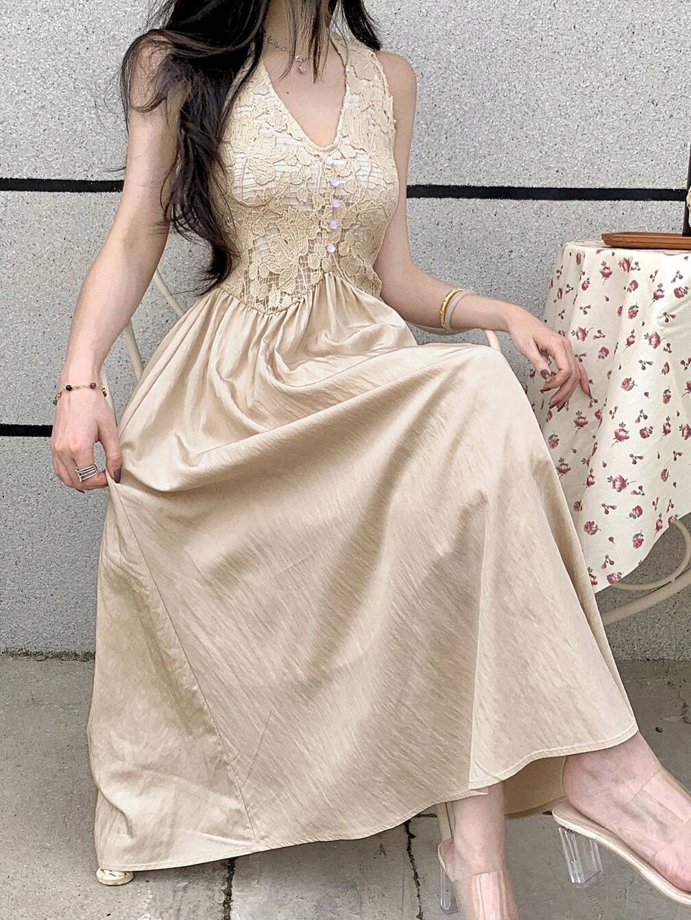 elegant mid calf dresses Women's Elegant Summer Vacation Lace Patchwork Sling Mid-Calf Dress,Casual  Women Dresses｜DAZY