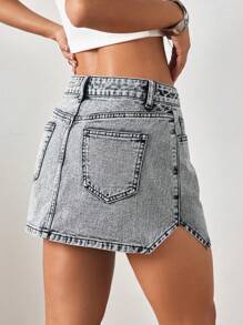 SHEIN ICON 女士高街低腰直筒牛仔中长裙，适合夏季 - 灰色 - 查看 2