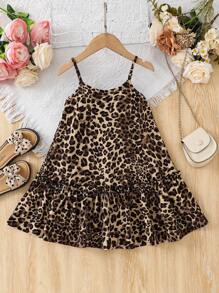 SHEIN Vestido de tirantes estampado de leopardo tejido para niña joven - Caqui - Ver 8