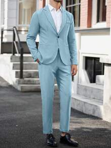 Calvornis Men's Solid Color Distressed Lapel Long Sleeve Jacket And Pants Casual Suit Set - Baby Blue - View 8