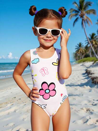 SHEIN Traje de baño de una sola pieza tipo tankini con estampado floral para niña