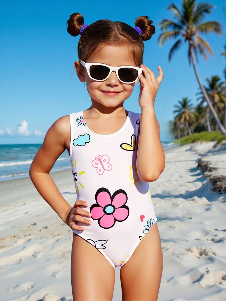 Emery Rose Kids Emery Rose Kids Young Girl Floral Print Tankini One-Piece Swimsuit - Apricot - View 1