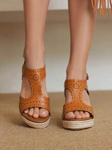 Styleloop Women's Platform Wedge Sandals, Hollow-Out Open Toe High Heel Shoes, Thick Sole Vacation Outdoor Sandals - Brown - View 6