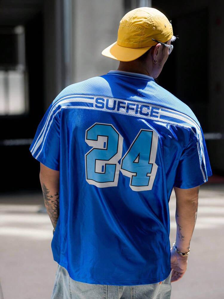 Men's Graphic Line & Letter Print Decorated T-Shirt, Multicolor Summer