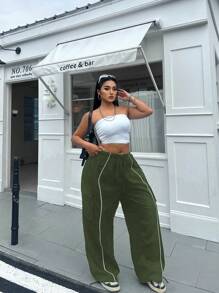 POPSWAY Plus Size Women Elastic Waist Drawcord Cargo Pocket Ribbed Hem Jogger Pants - Army Green - View 3