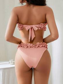 Swim Mod Women's Solid Color Frill Trim Bandeau Sexy Bikini Swimsuit Set For Summer Beach Vacation - Watermelon Pink - View 2