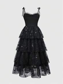 ROMWE Goth 音乐节派对服装，女式串珠刺绣修身 A 字连衣裙