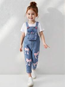 Denimly Young Girl Fashionable Cute Casual Outdoor School Bowknot Printed Denim Bib Pants And Jumpsuit With Pleat Pocket Washed Denim Overalls