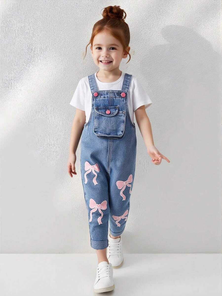 Denimly Young Girl Fashionable Cute Casual Outdoor School Bowknot Printed Denim Bib Pants And Jumpsuit With Pleat Pocket Washed Denim Overalls