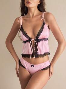 Charlaine 女士蕾丝拼布撞色系带吊带上衣和三角内裤性感内衣套装 - 粉色 - 查看 4