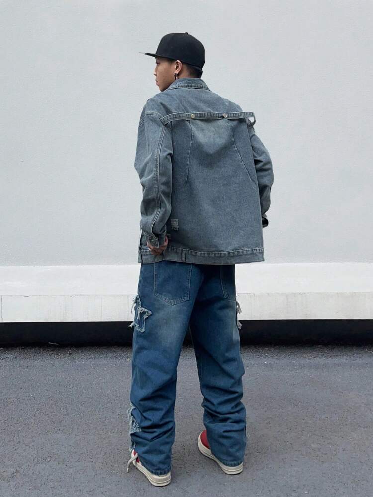 Men's Loose Casual Denim Jacket With Dropped Shoulders