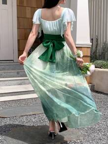 DAZY Summer Square Neck Holiday Casual Color Block Tie Dye Vintage Oil Painting Bohemian Style Print Ruffle Hem Midi Dress For Women,Teacher Outfits