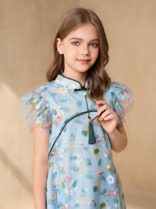 SHEIN Vestido de línea A elegante y lindo tipo cheongsam modificado para niñas preadolescentes - Multicolor - Ver 5