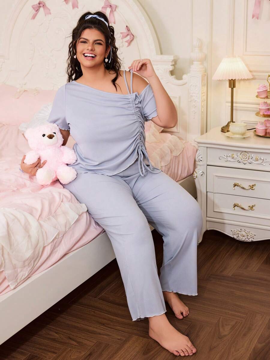 SHEIN Plus Size Solid Color Fashionable Pajamas Set, Suitable For Summer - Baby Blue - View 1