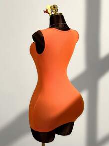 Amplova Women's Orange Knitted Mini Dress: Sleeveless, Square Neck, Backless, And Semi-Sheer Bodycon Dress For A Stylish Look
