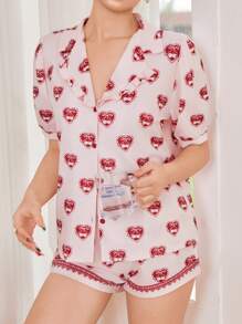 Softscene 可爱睡衣樱桃印花花卉女士春夏泡泡袖领子和荷叶边下摆短裤睡衣套装 - 淺粉色 - 查看 6