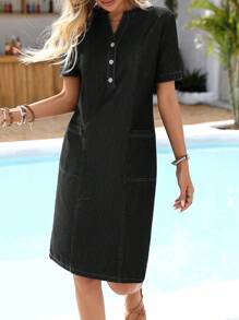 Breezaya Women's Button-Up Half Placket Short Sleeve Pocket Straight Casual Denim Dress