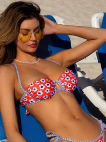Swim Vcay 女士 Springbreak 随机多色印花聚拢钢圈侧结可爱比基尼上衣泳装 - 彩色 - 查看 1