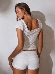 Aloruh Women's Embroidered White V-Neck Puff Sleeve Blouse,Lace Trim & Ruffle Hem Cute Summer Boho Vacation Holiday Tops For Spring Summer Vacation Wear - White - View 2