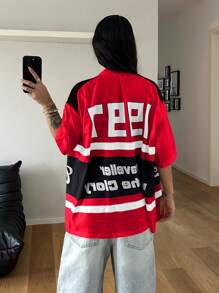 StreetHx Women's Summer Street Style English Text Print Short Sleeve Shirt - Red - View 2