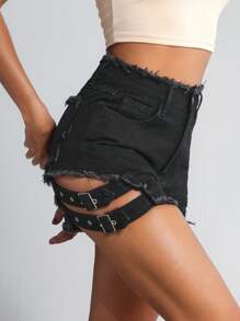 SHEIN Tall Women's Denim Shorts, Fashionable For Summer, Tall Women - Black - View 3