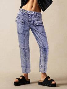 Bohemela Quần dài bó sát nữ cạp thấp dệt trơn Leisure Solid Patch Pocket Skinny - Màu xanh lam - Xem 3