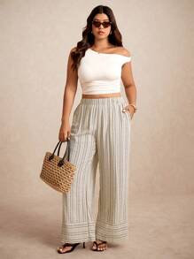 Elaquor Plus Size Striped Casual Pants, Fashionable For Summer - Black and White - View 2